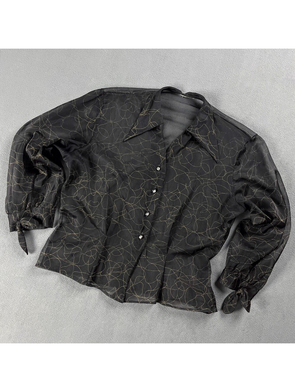 70's Sheer Blouse, Black Nylon Chiffon Button Up with 3/4 Puff Sleeve